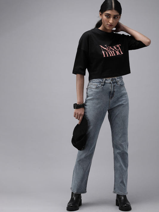 DENIMS Women Black Red Printed Cotton Crop T-Shirt
