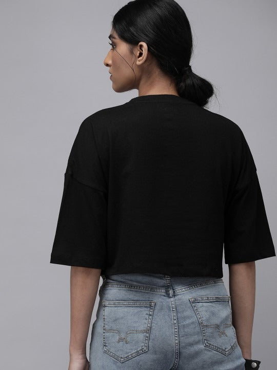 DENIMS Women Black Red Printed Cotton Crop T-Shirt