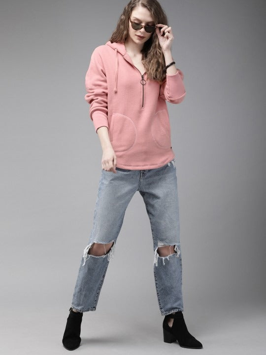 The Lifestyle Co. Women Solid Hooded Baby Pink Hoodie — Soft Full-Zip Sweatshirt Pakistan