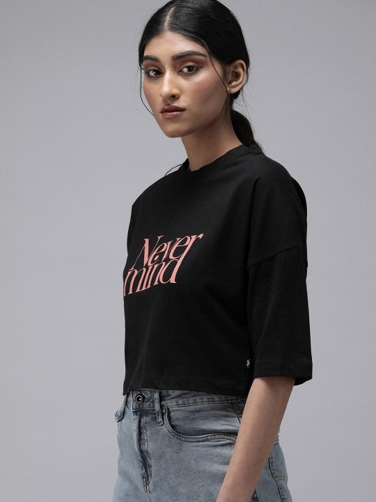 DENIMS Women Black Red Printed Cotton Crop T-Shirt