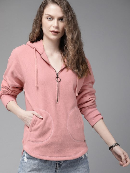 The Lifestyle Co. Women Solid Hooded Baby Pink Hoodie — Soft Full-Zip Sweatshirt Pakistan