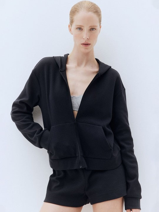 Waffled Zip-Through Hoodie — Lightweight Waffle Knit Zip Hoodie for Women & Men Pakistan