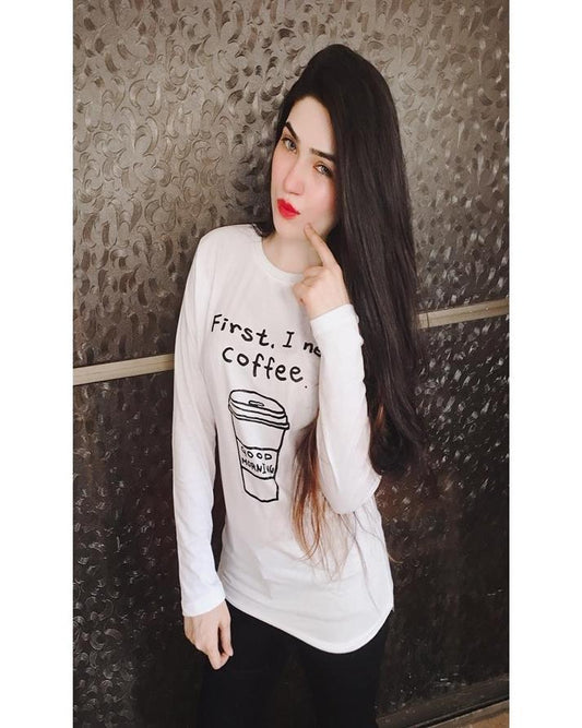 White First I Need Coffee Printed T-Shirt For Women