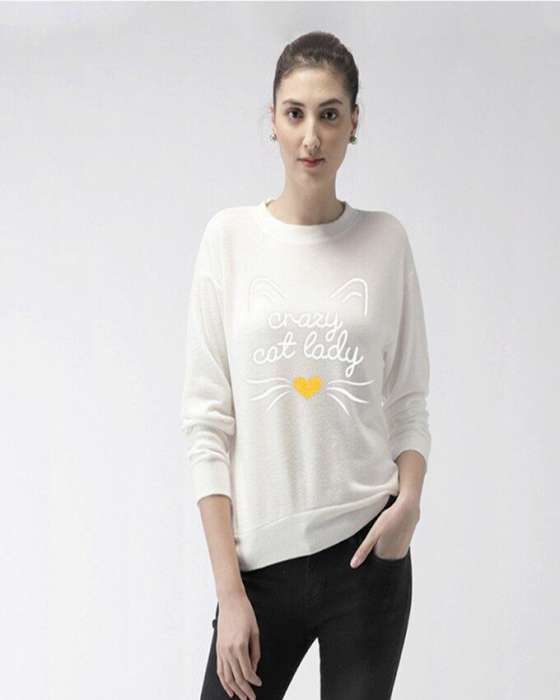 White Crazy Cat Lady Printed Sweat shirt For Women