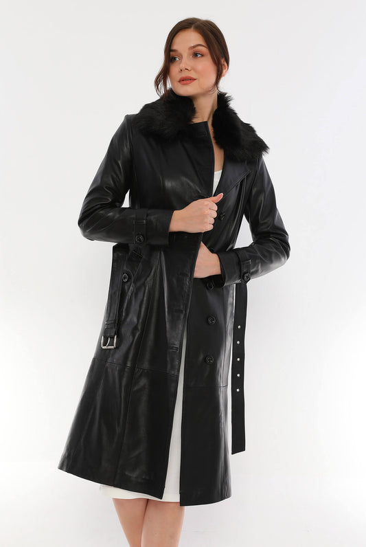 Brenda Black Leather Trench Coat Fur Collar