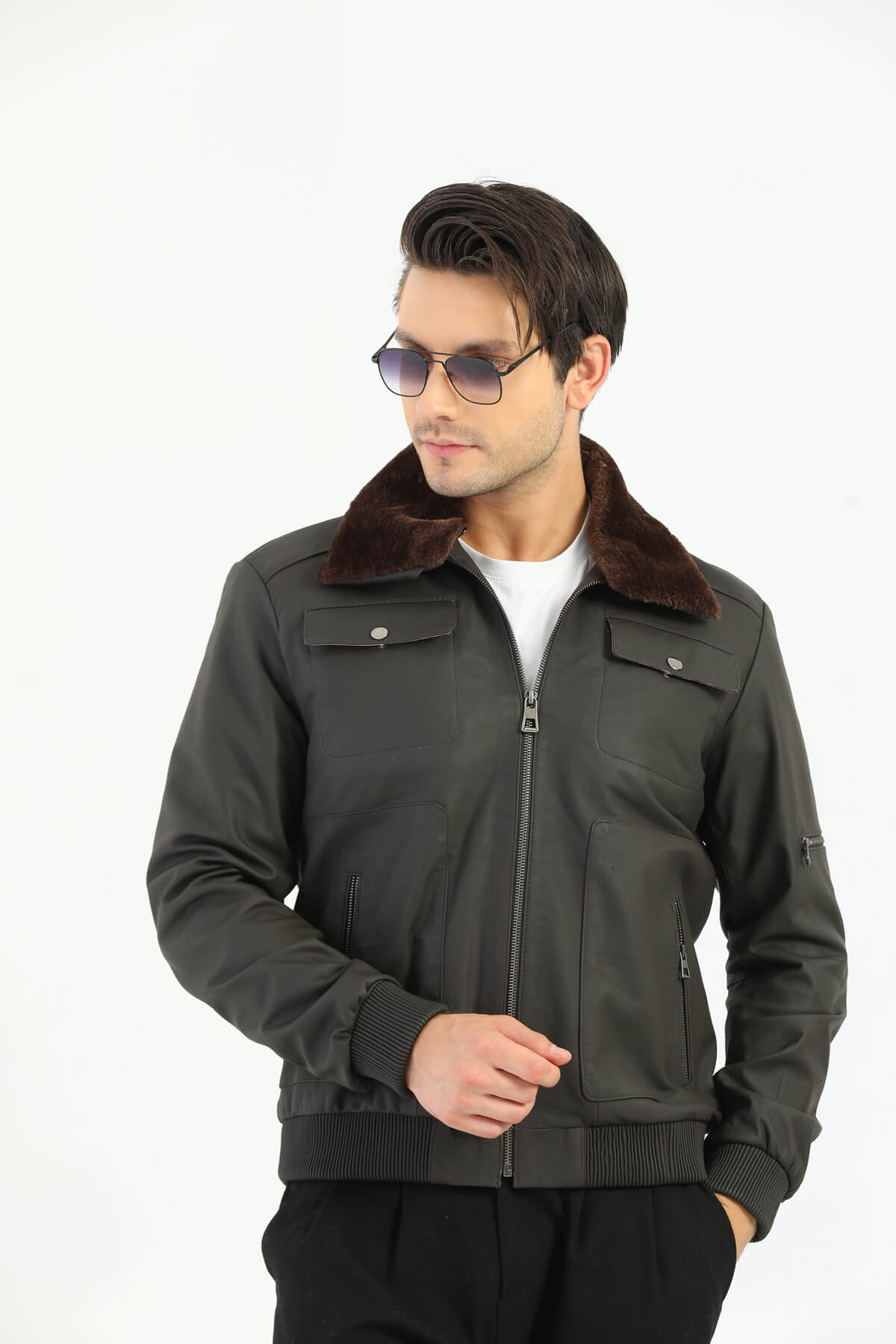 Ace Inverness Gray Leather Jacket Furry collar