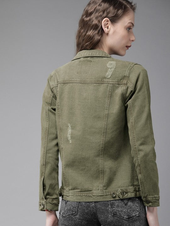 The Lifestyle Co Women Olive Green Solid Denim Jacket