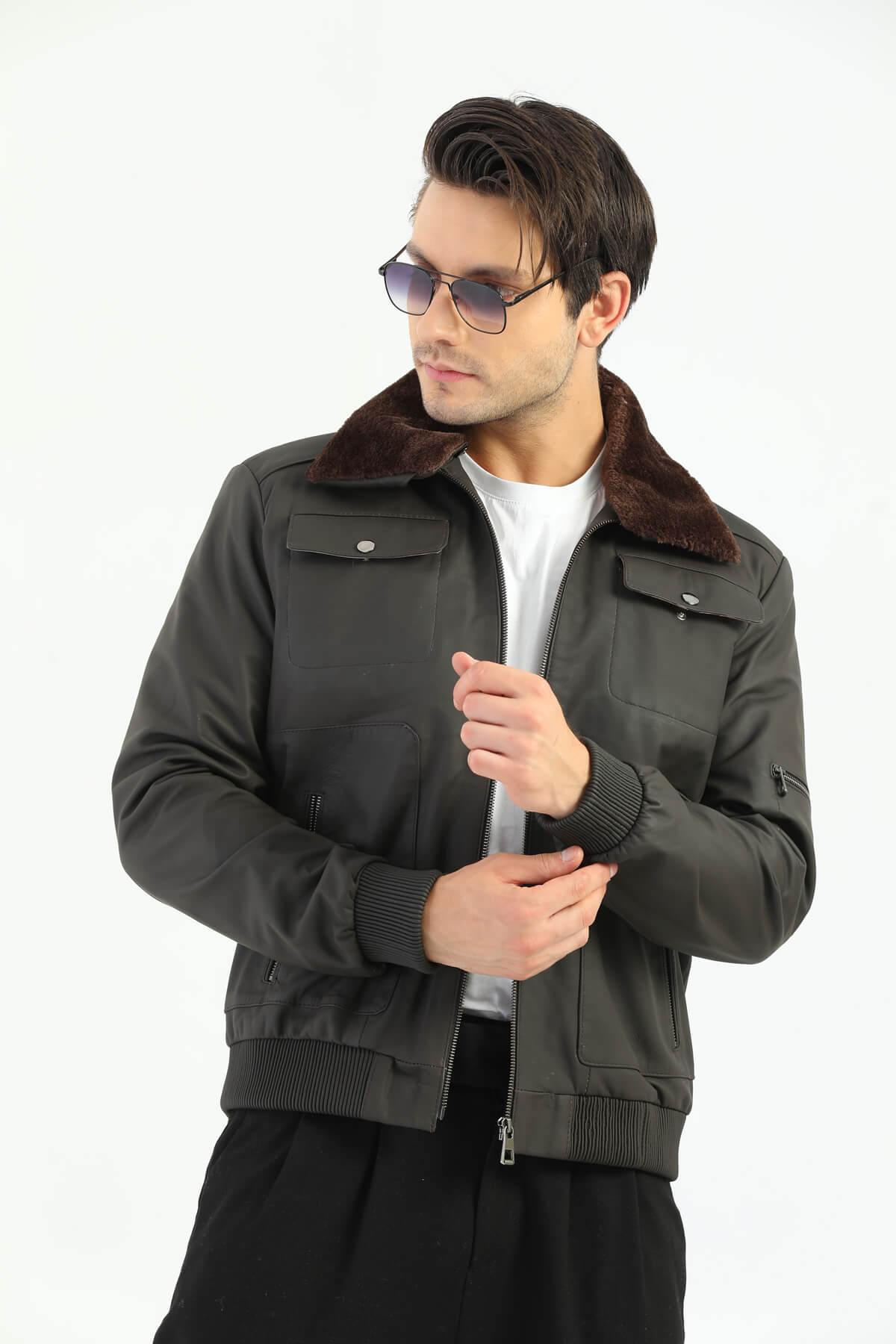 Ace Inverness Gray Leather Jacket Furry collar