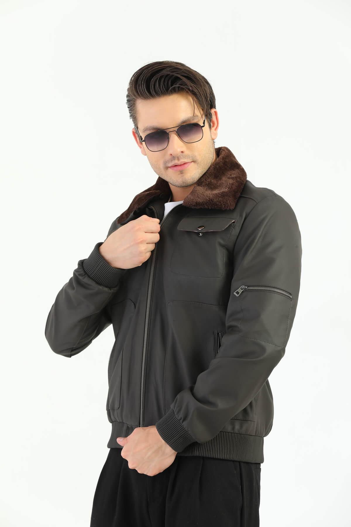 Ace Inverness Gray Leather Jacket Furry collar