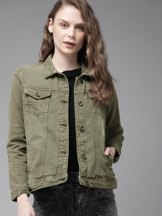 The Lifestyle Co Women Olive Green Solid Denim Jacket
