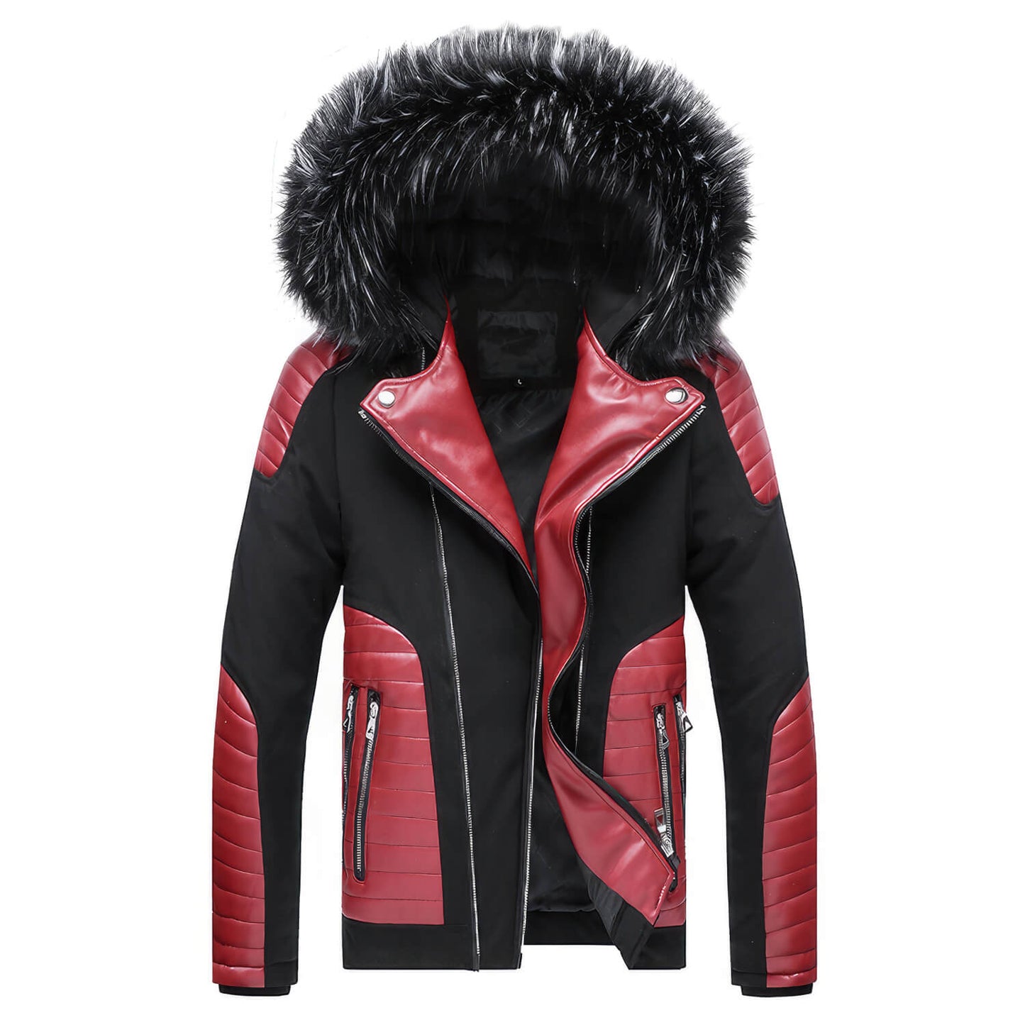 Men's Black Biker Genuine Sheepskin Detachable Hood Faux Fur Red Quilted Design Motorcycle Rider Parka Warm Leather Jacket  - Back View - DENIMS