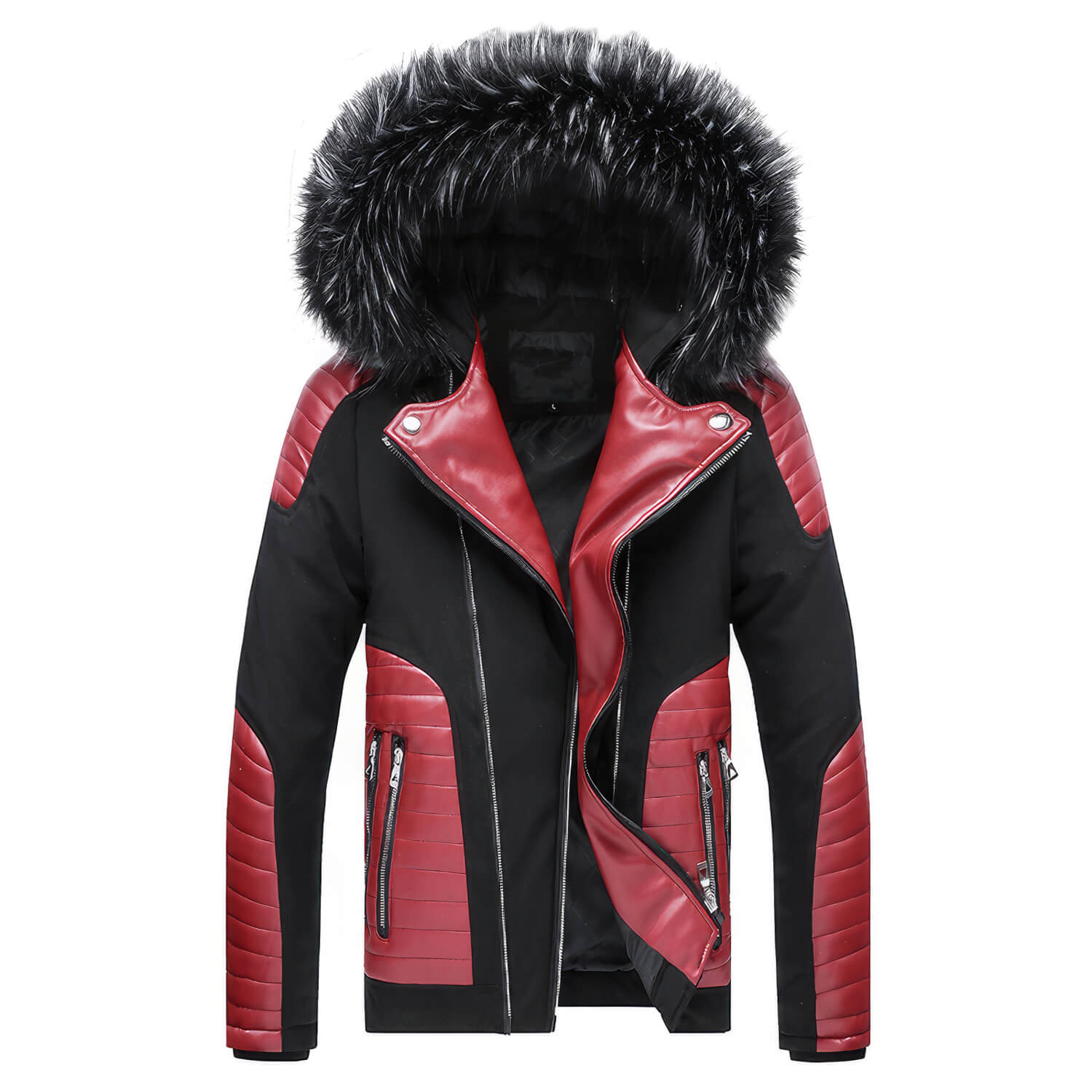 Men's Black Biker Genuine Sheepskin Detachable Hood Faux Fur Red Quilted Design Motorcycle Rider Parka Warm Leather Jacket  - Back View - DENIMS