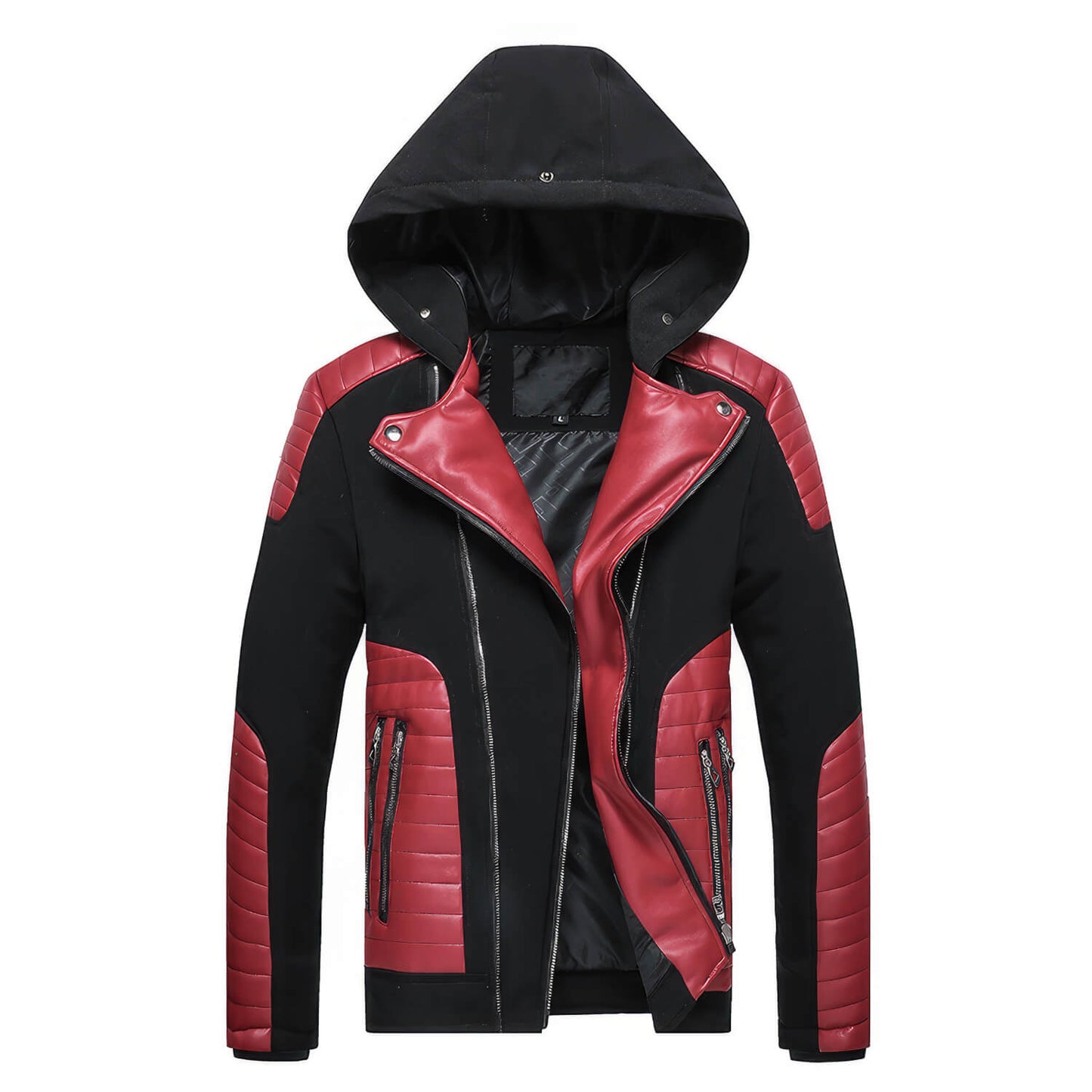 Men's Black Biker Genuine Sheepskin Detachable Hood Faux Fur Red Quilted Design Motorcycle Rider Parka Warm Leather Jacket - Front View - DENIMS