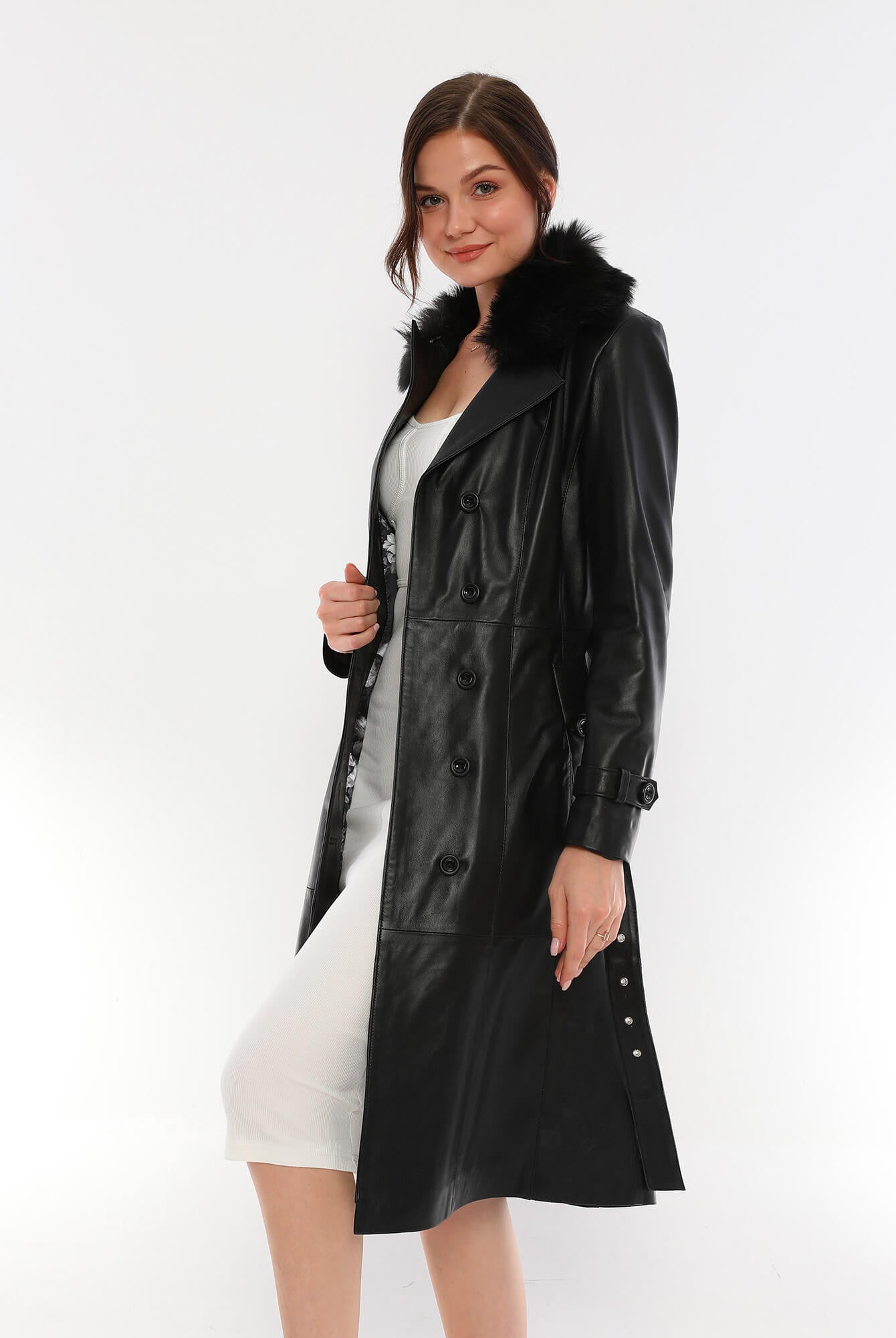 Brenda Black Leather Trench Coat Fur Collar