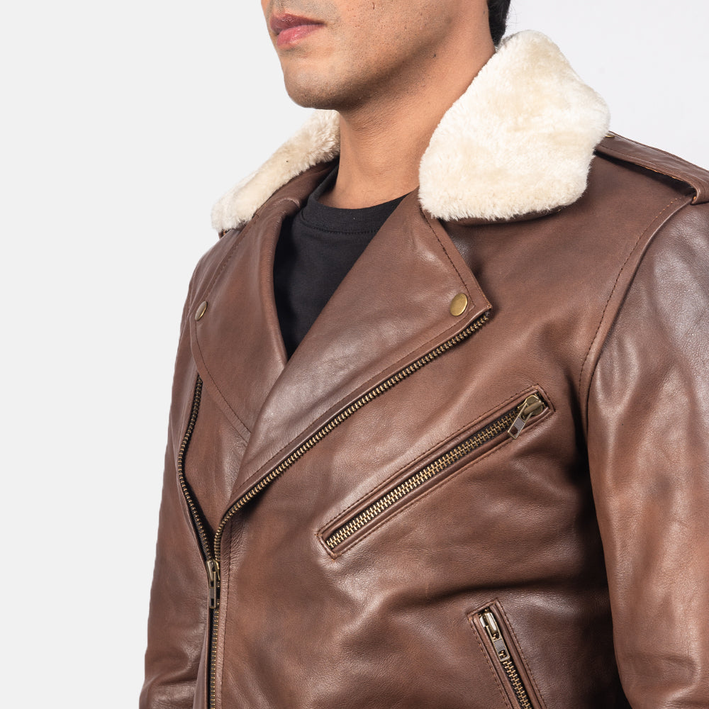 Fur Collar Brown Leather Biker Jacket