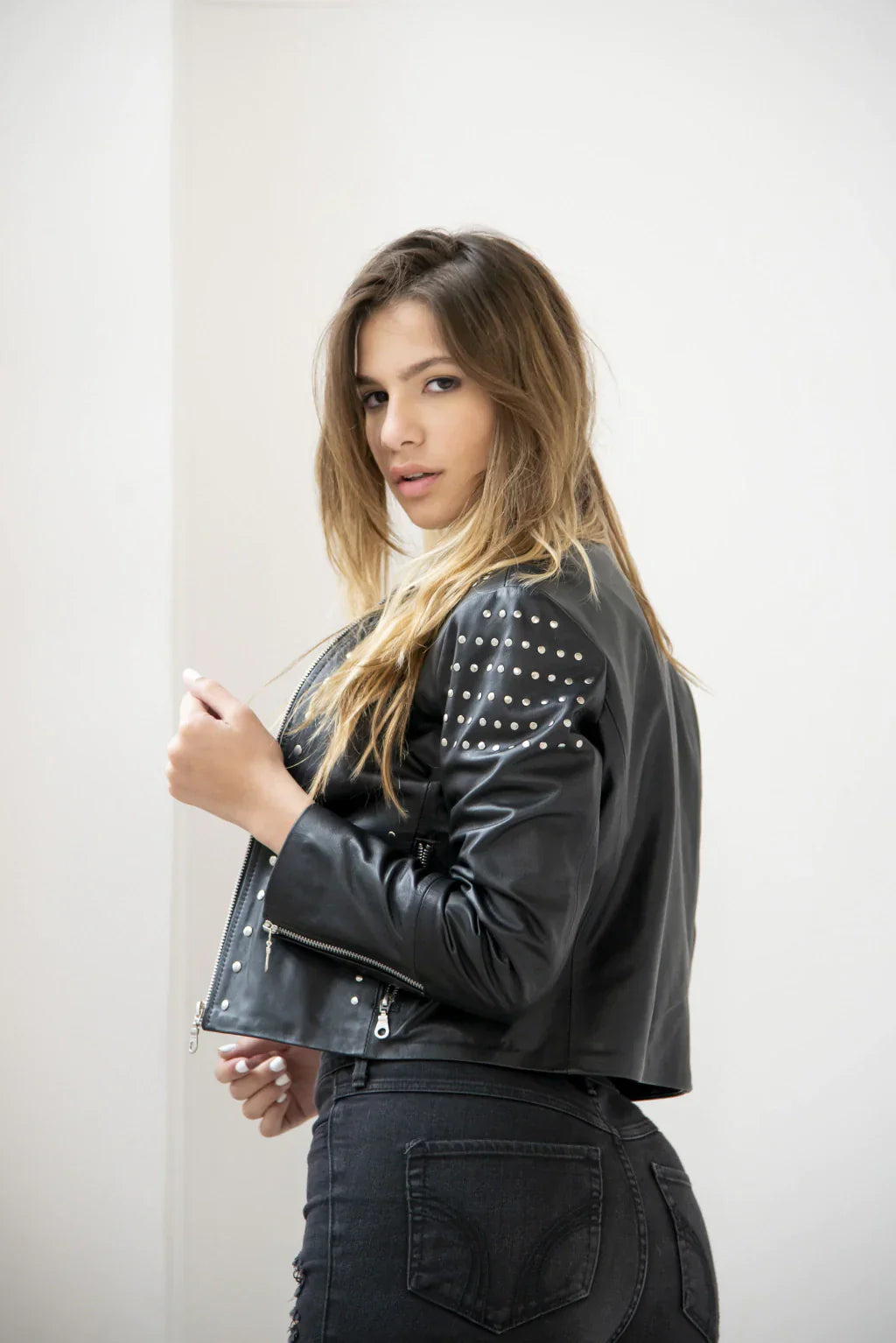 Black Women Biker Leather Jacket With Studs
