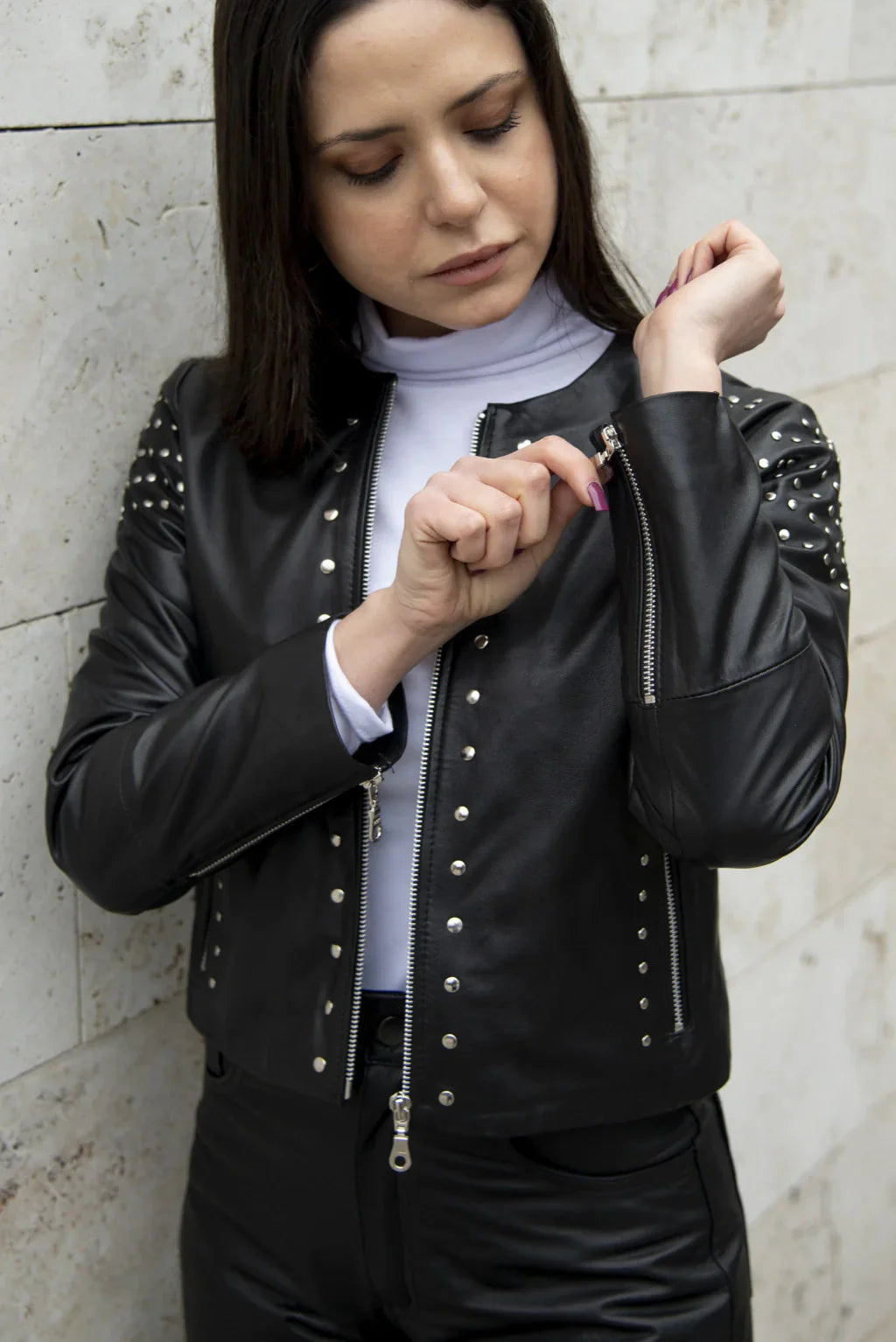 Black Women Biker Leather Jacket With Studs