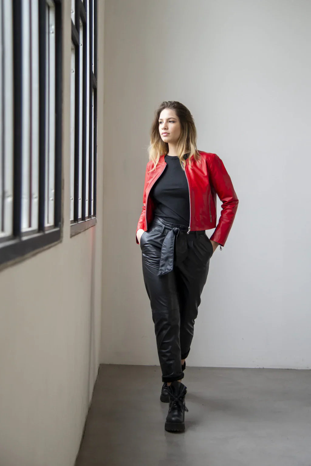 Red Women Collarless Biker Leather Jacket