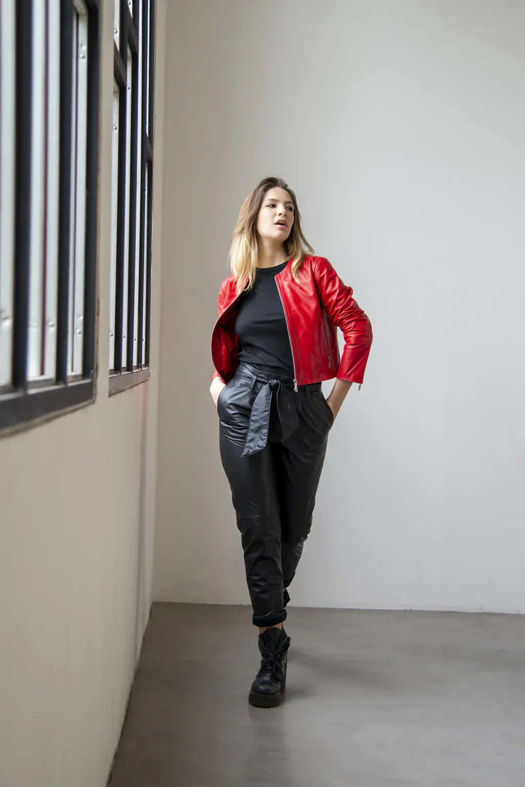 Red Women Collarless Biker Leather Jacket