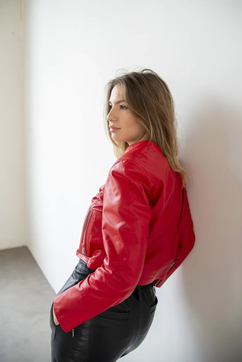 Red Women Collarless Biker Leather Jacket