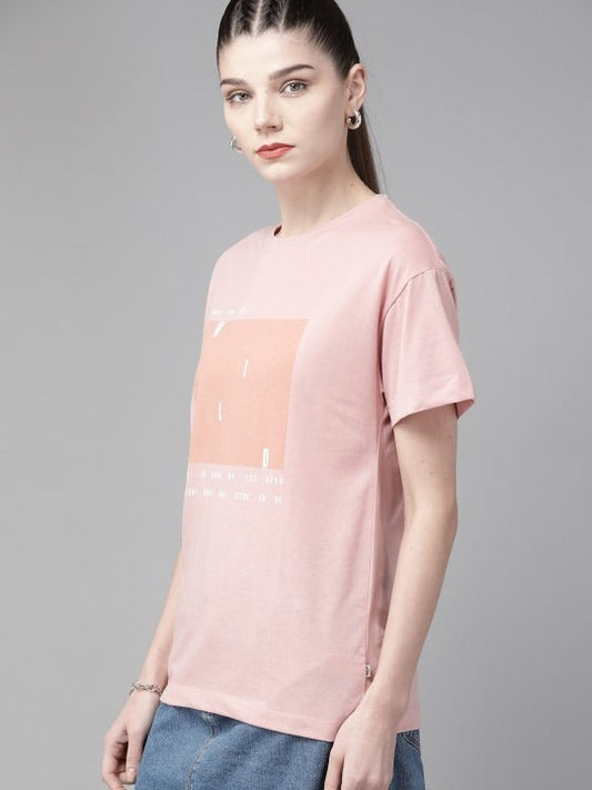 Women Pink Printed Cotton Boxy T-Shirt Pakistan