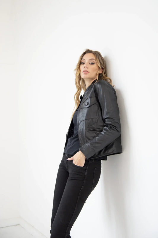 Black Denim Style Women Leather Jacket