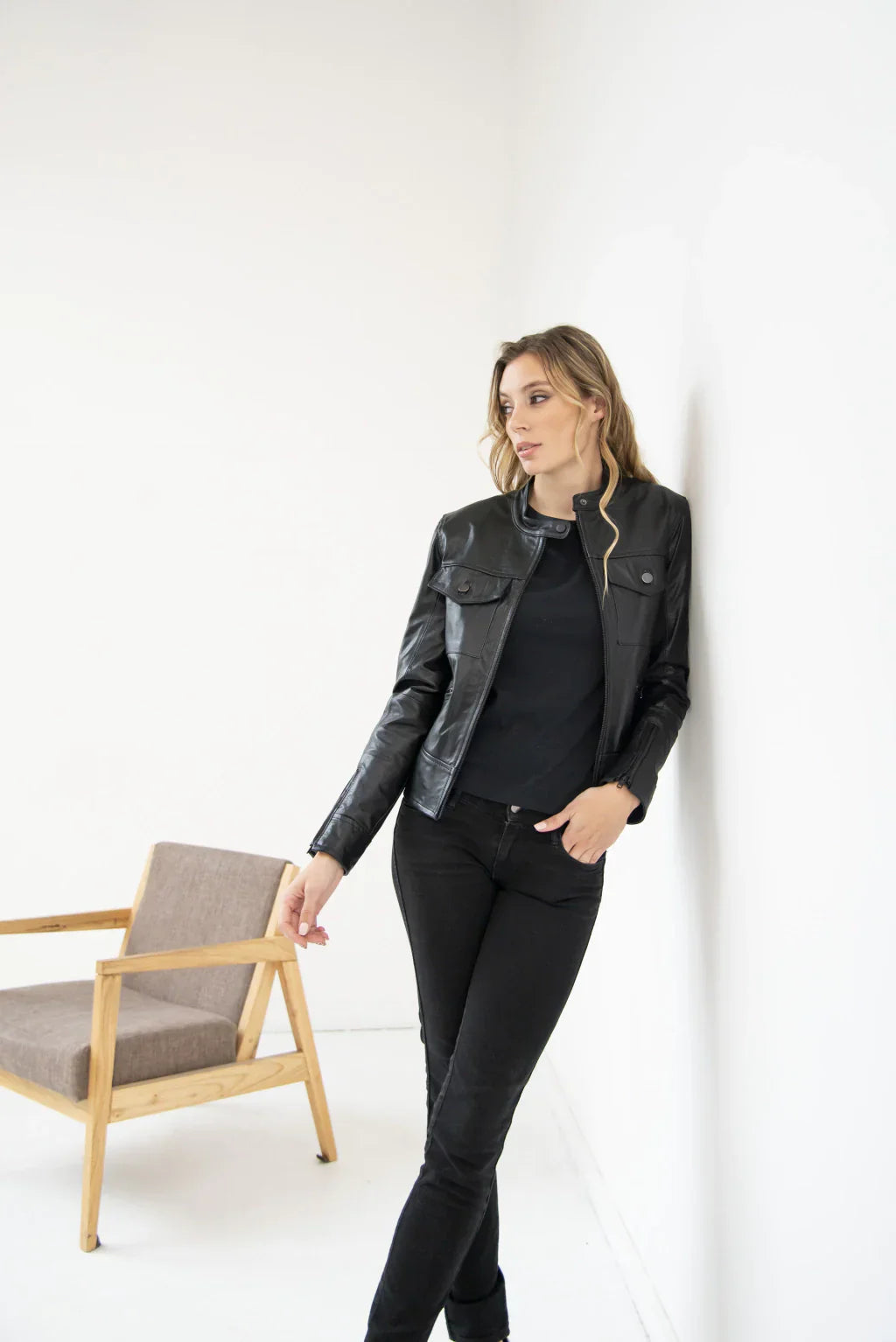 Black Denim Style Women Leather Jacket