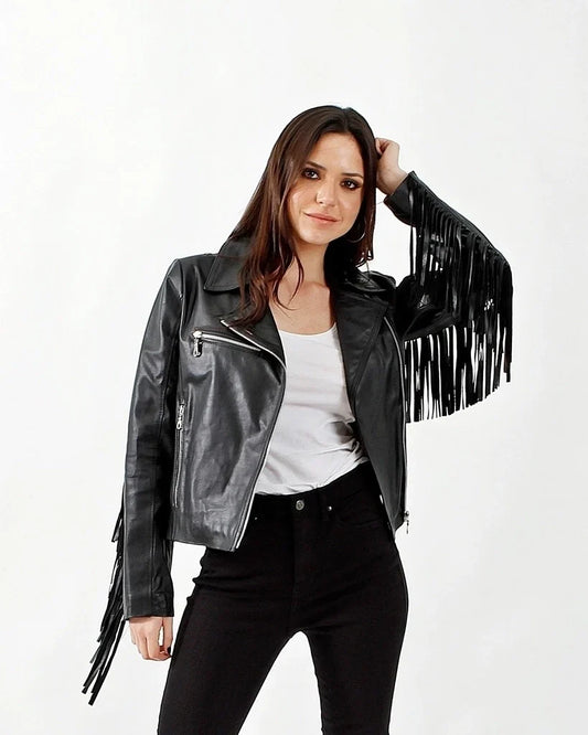 Black Fringe Women Biker Leather Jacket