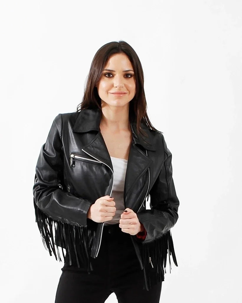Black Fringe Women Biker Leather Jacket