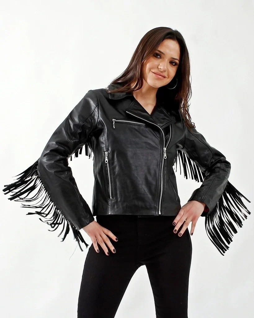 Black Fringe Women Biker Leather Jacket