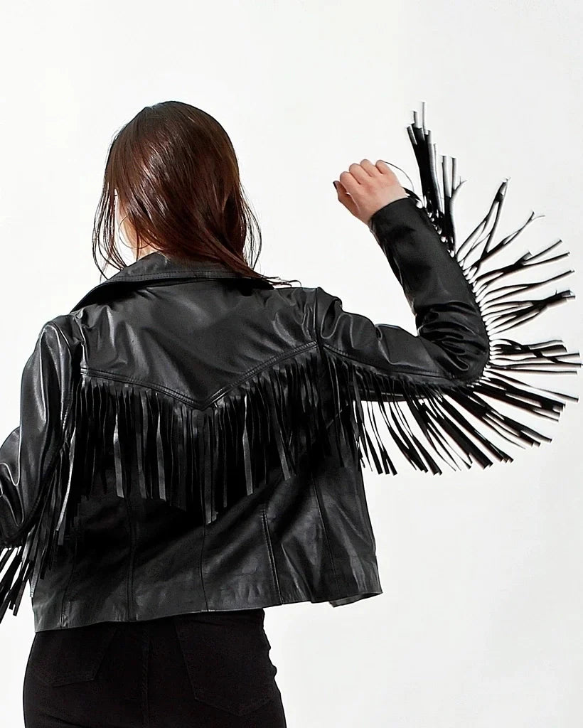 Black Fringe Women Biker Leather Jacket