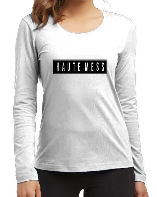 White Round High Neck Graphic Full Sleeve T-Shirt For Women