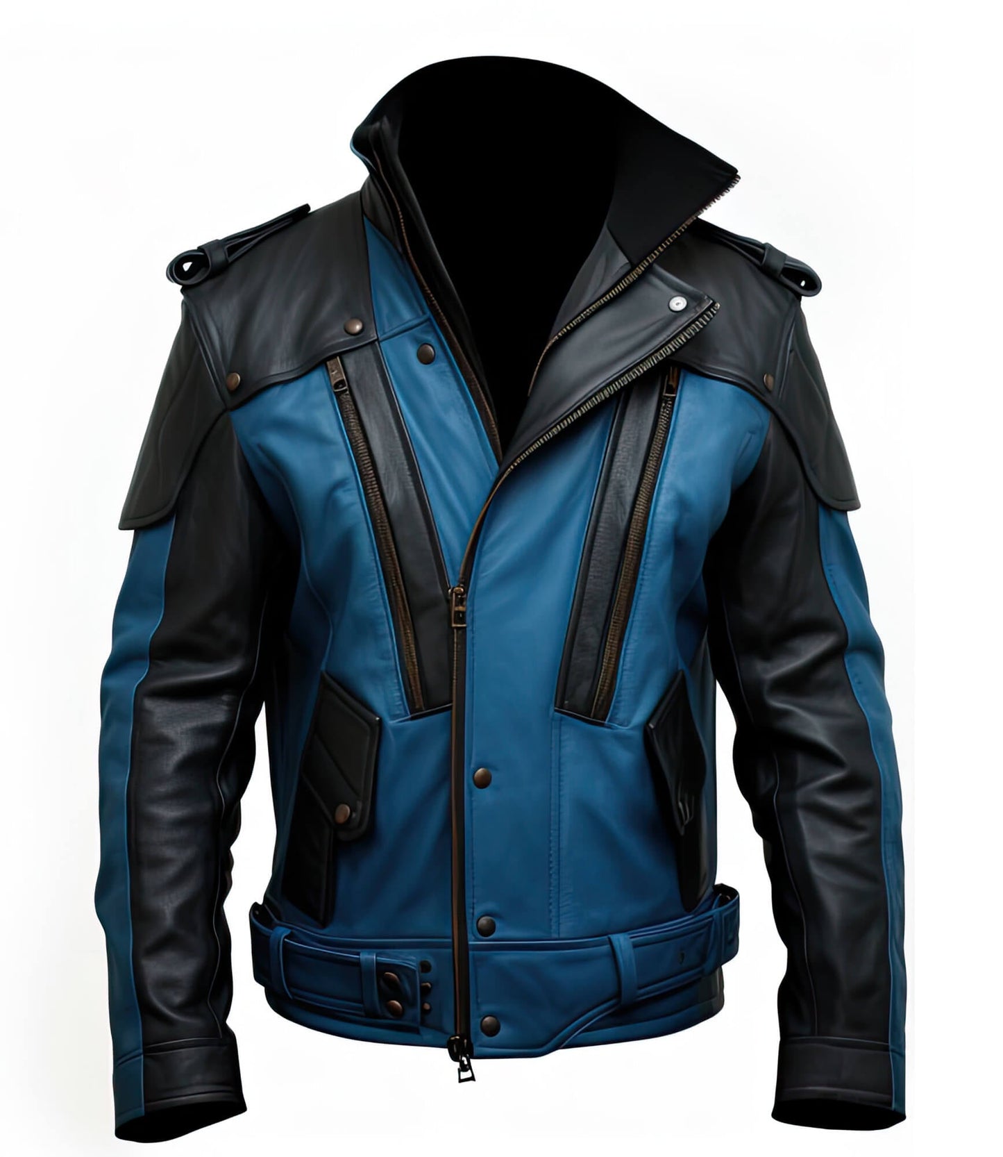 Men's Blue Black Genuine Sheepskin Shirt Collar Asymmetric Belted Elegant Fashionable Military Style Leather Jacket - Front View - DENIMS