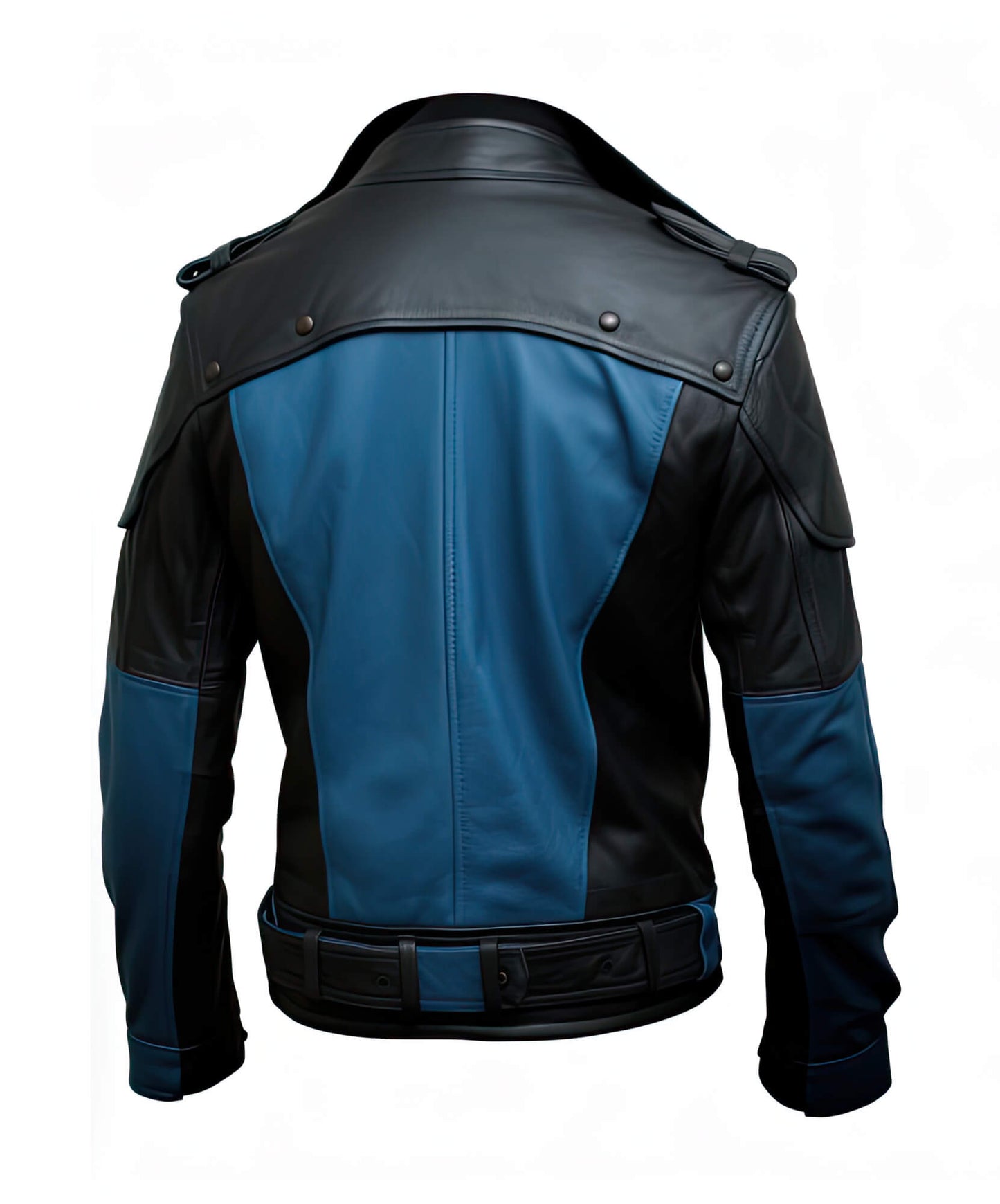 Men's Blue Black Genuine Sheepskin Shirt Collar Asymmetric Belted Elegant Fashionable Military Style Leather Jacket - Back View - DENIMS
