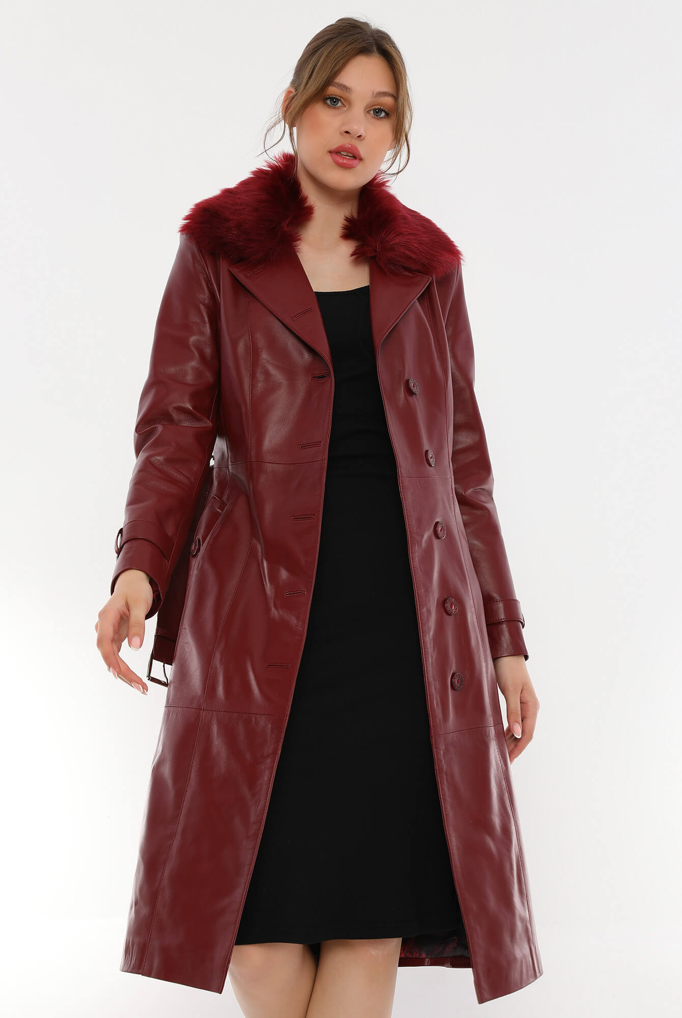 Brenda Maroon Leather Trench Coat Fur Collar