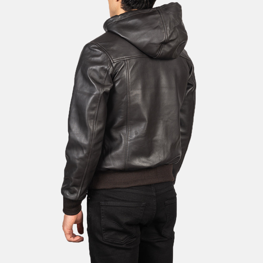 Dark Brown Hooded Leather Bomber Jacket