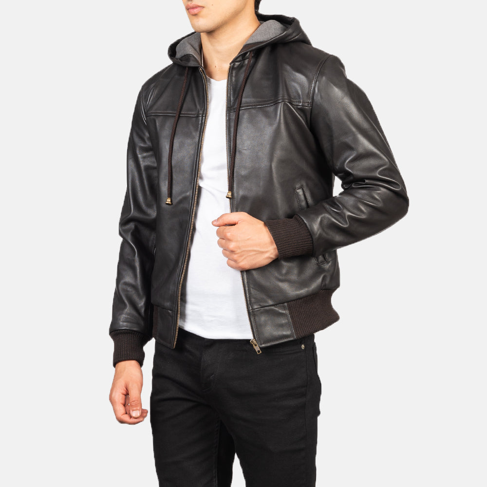 Dark Brown Hooded Leather Bomber Jacket