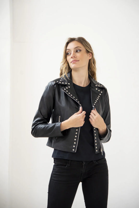 Crop Studded Women Biker Leather Jacket