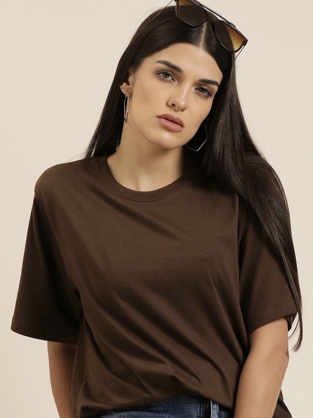 Women Brown Oversized Cotton T-Shirt