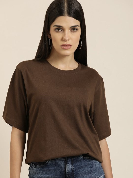 Women Brown Oversized Cotton T-Shirt