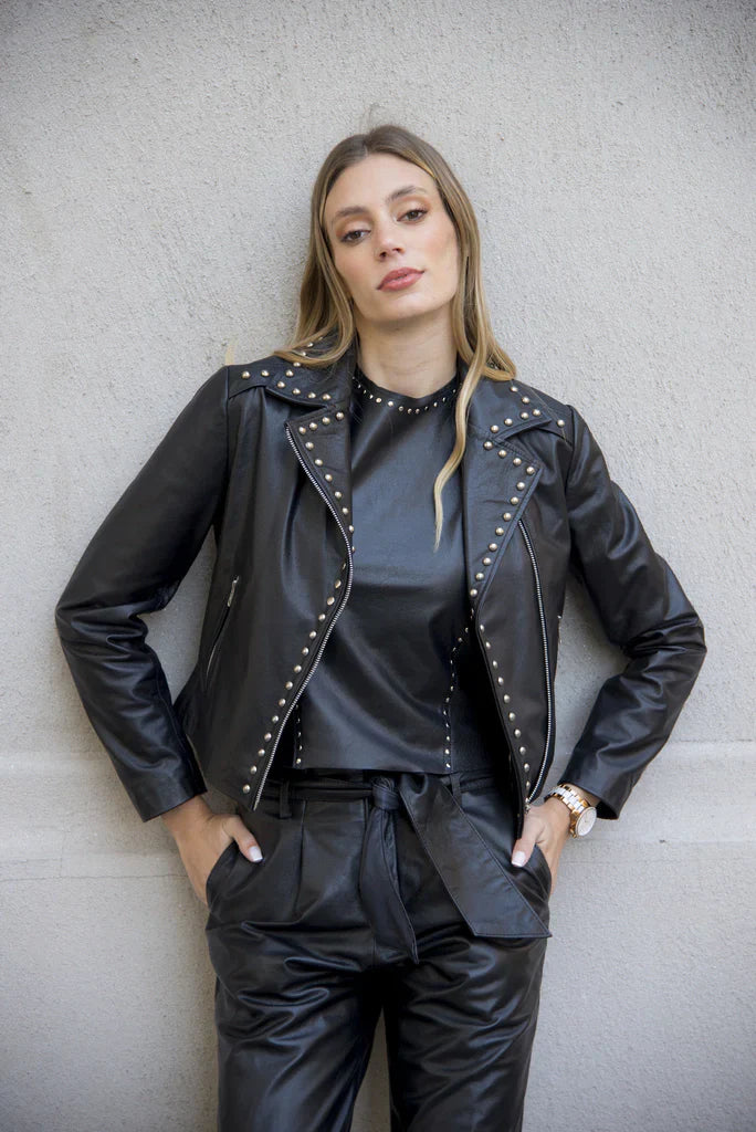 Crop Studded Women Biker Leather Jacket