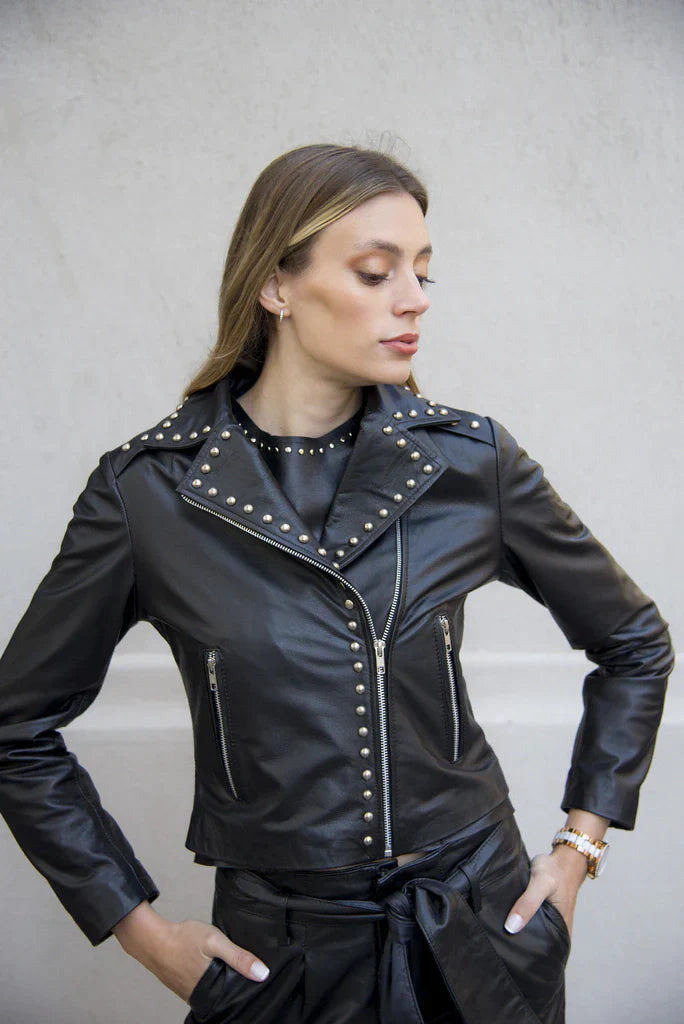 Crop Studded Women Biker Leather Jacket