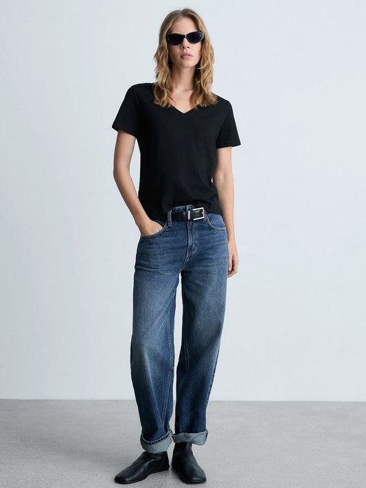 Women V-Neck Pure Cotton T-Shirt