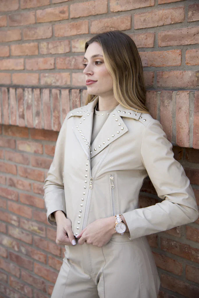 Beige Crop Studded Women Biker Leather Jacket