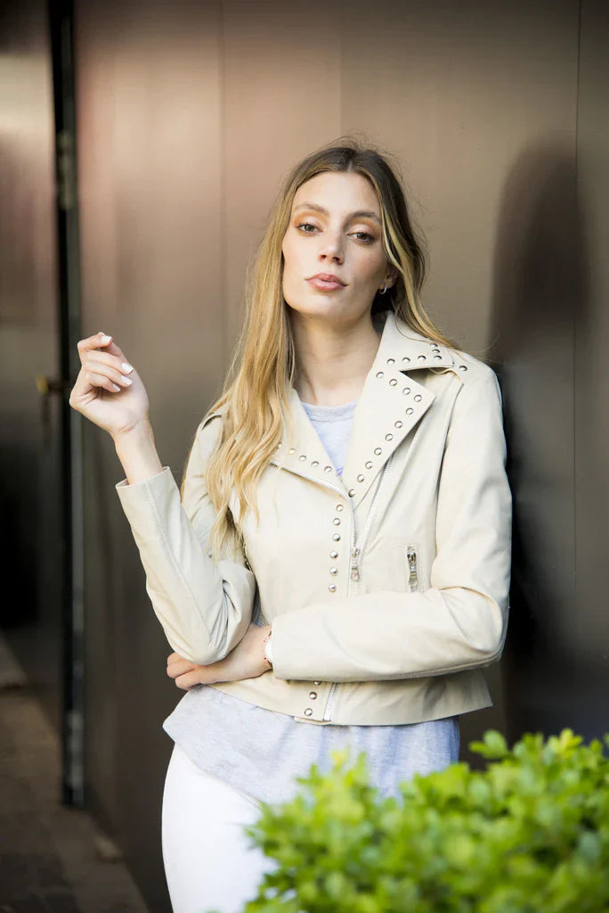 Beige Crop Studded Women Biker Leather Jacket
