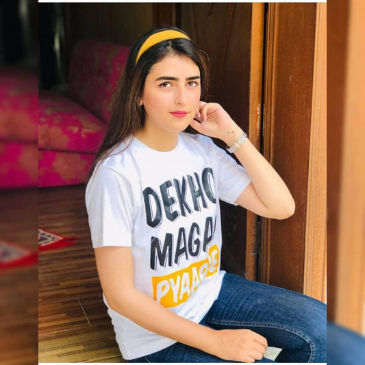 White Dekho Magar Pyaar Sel Cotton Printed T-shirt For Womens