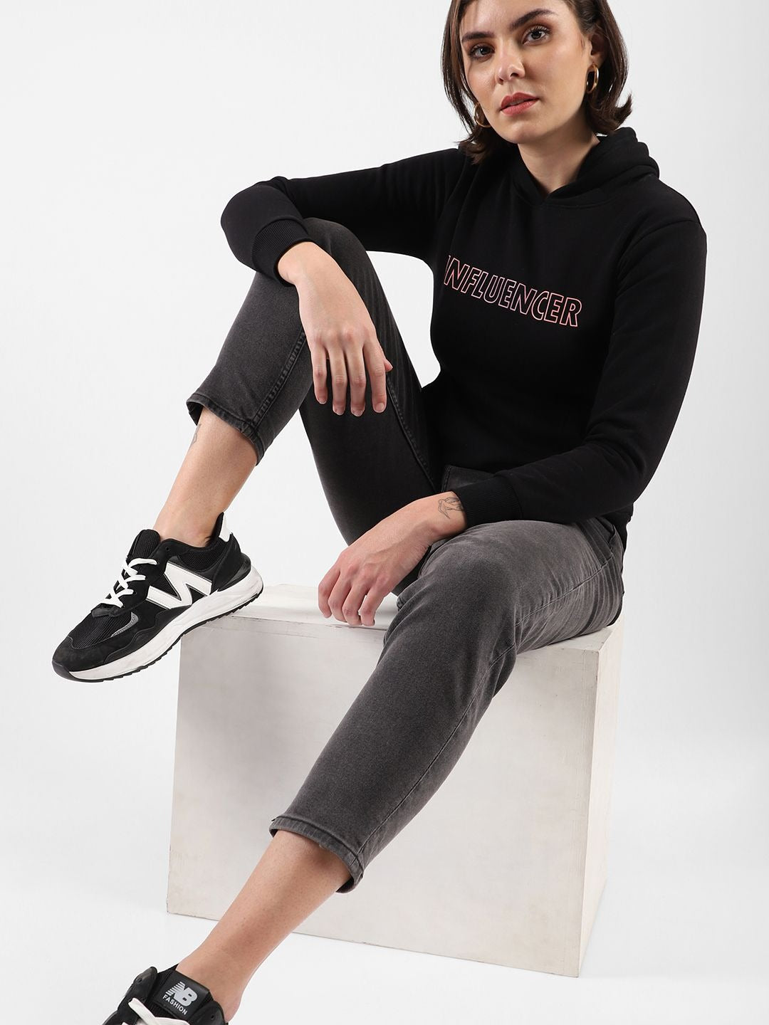 Women Black Printed Hooded Cotton Pullover — Graphic Black Hoodie Pakistan