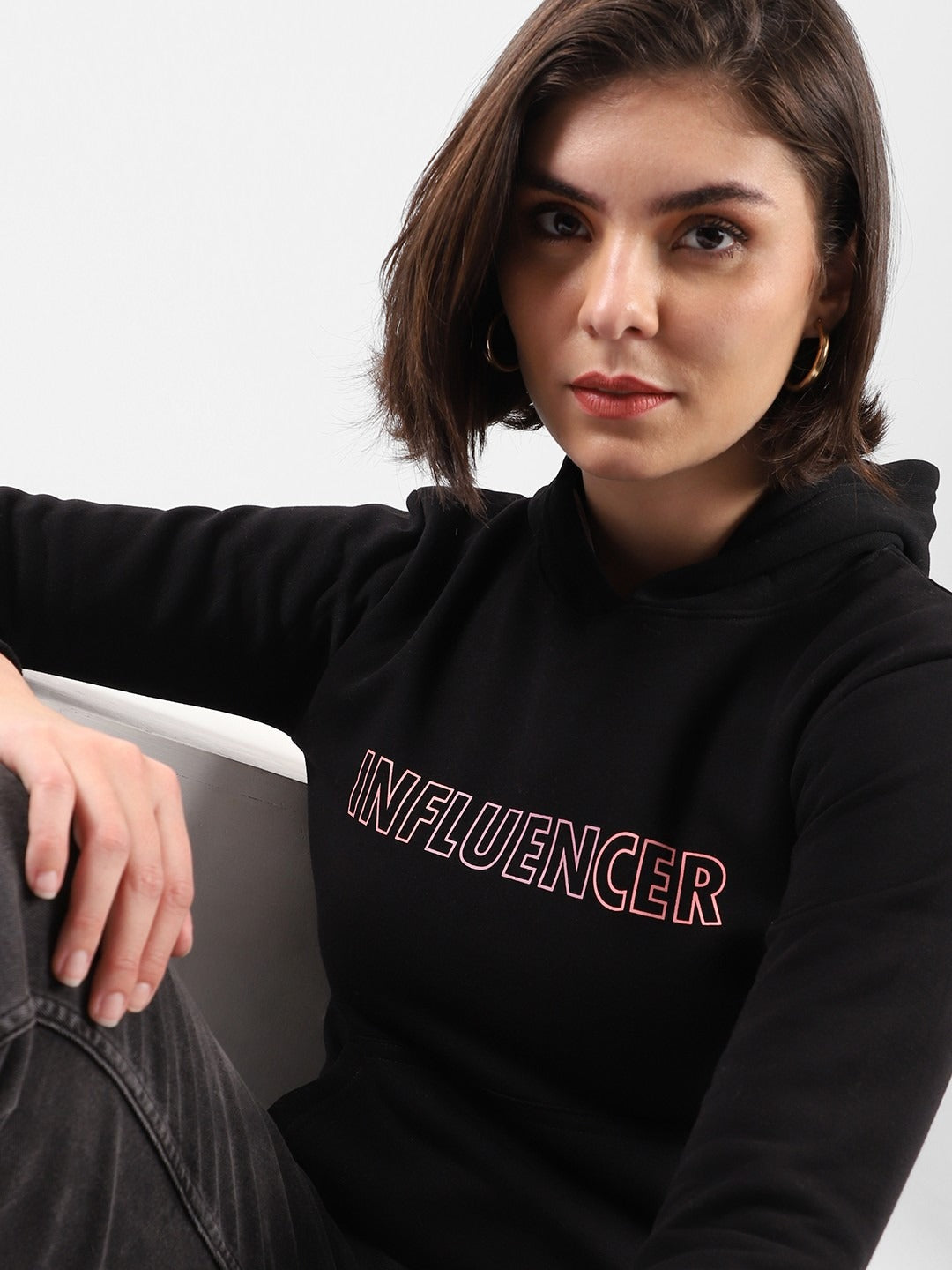 Women Black Printed Hooded Cotton Pullover — Graphic Black Hoodie Pakistan