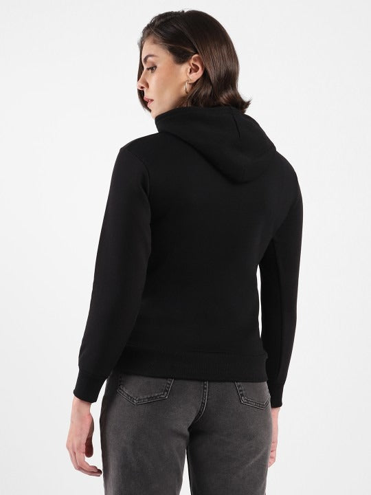 Women Black Printed Hooded Cotton Pullover — Graphic Black Hoodie Pakistan