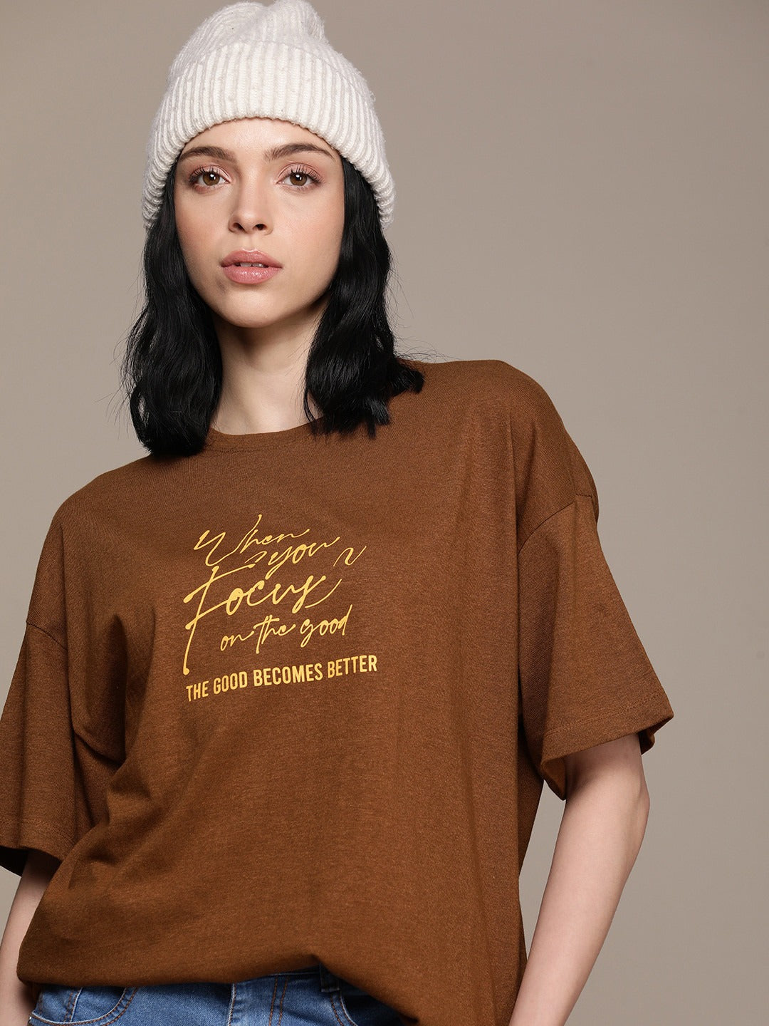 Typography Printed Drop-Shoulder Oversized T-Shirt for Women